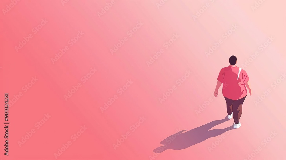 Back view of a woman walking away on a pink background Back view of a woman walking away on a pink background