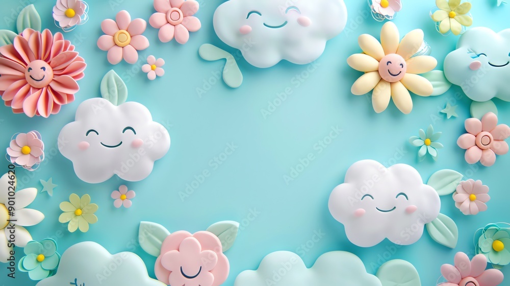 A blue background with a border of clay flowers and clouds. A blue background with a border of clay flowers and clouds.