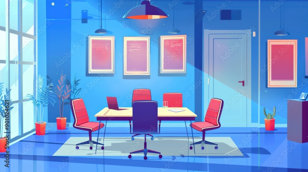 A modern conference room featuring stylish red chairs, vibrant blue walls, and natural light creating a productive atmosphere. A modern conference room featuring stylish red chairs, vibrant blue walls, and natural light creating a productive atmosphere.