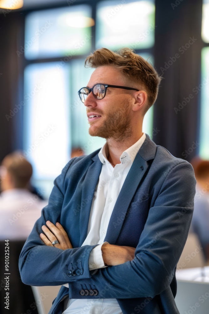 Fototapeta premium Portrait of a crypto broker attending a trading seminar, Generative AI