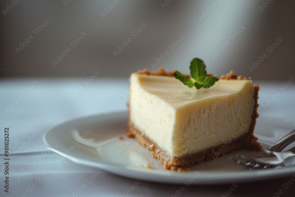 Cheesecake slice with creamy texture and fresh mint on top. Professional gourmet desert food photography Cheesecake slice with creamy texture and fresh mint on top. Professional gourmet desert food photography