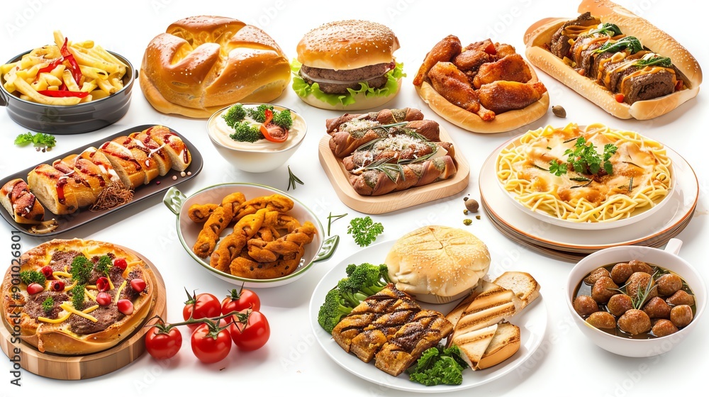 A variety of foods arranged on a white background. A variety of foods arranged on a white background.