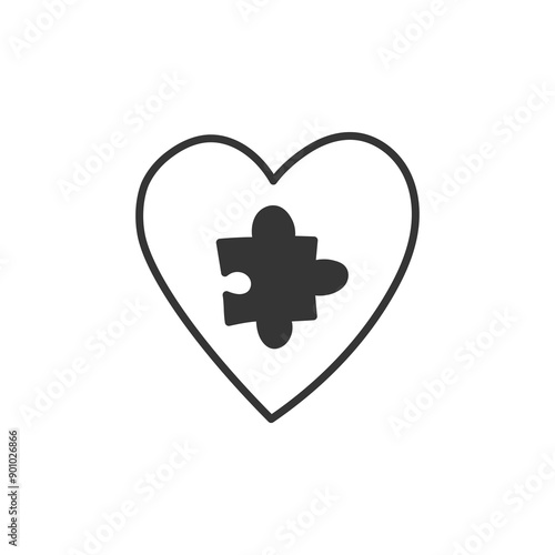 Heart Shape with Jigsaw Puzzle Doodle Line Icon. Hand drawn self love symbol. Psychology Psychotherapy sign. Isolated vector illustration.