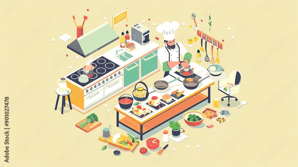 Naklejka premium Chef at work, with illustrations of a chef cooking in a restaurant kitchen, surrounded by pots, pans, and ingredients