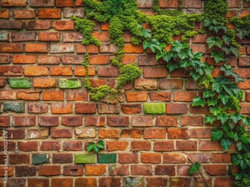 Rustic worn old red brick wall background with moss and ivy filling cracks, weathered mortar, and faded brick tones creating a warm nostalgic panoramic texture. © Orapit