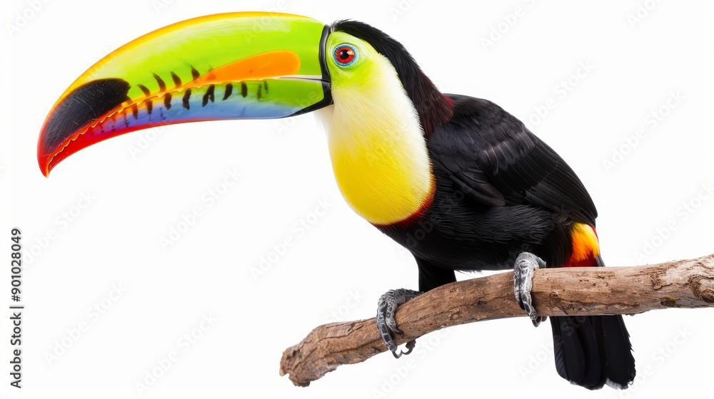 Fototapeta premium A vibrant toucan with a rainbow beak perched on a branch, isolated on a white background, ample copy text space