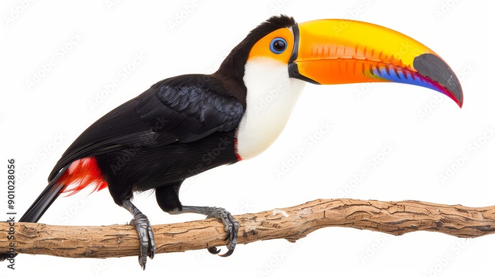 Naklejka premium A vibrant toucan with a rainbow beak perched on a branch, isolated on a white background, ample copy text space