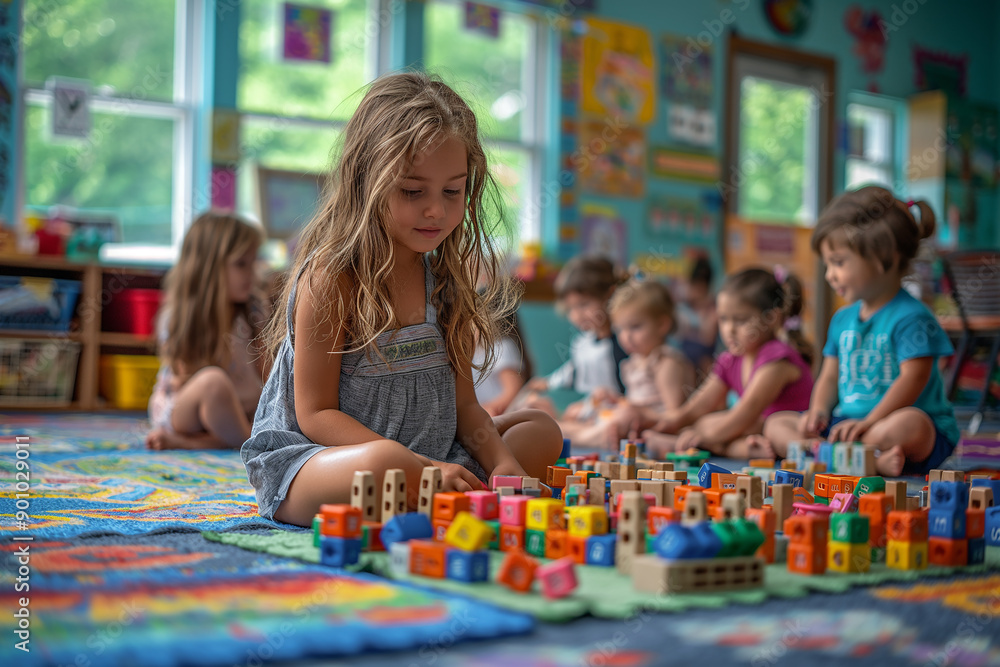 A group of children are playing with blocks in a classroom A group of children are playing with blocks in a classroom