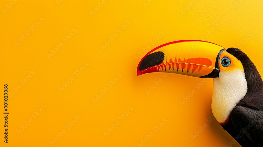 Naklejka premium Bright toucan with a multi-colored beak, isolated on a simple background, plenty of space for text