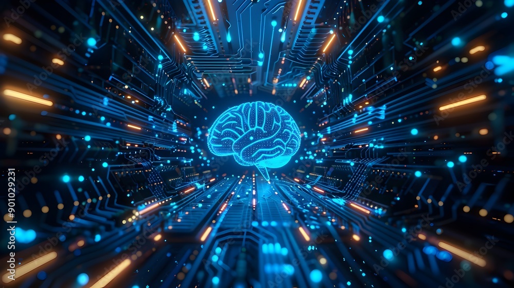 Naklejka premium Glowing Neural Circuits Converge into a Central Cerebral CPU Processor