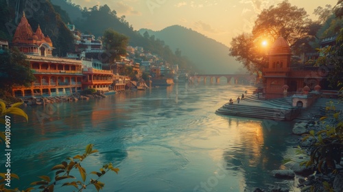 Rishikesh, India - Scenic views along the Ganges with yoga and spirituality