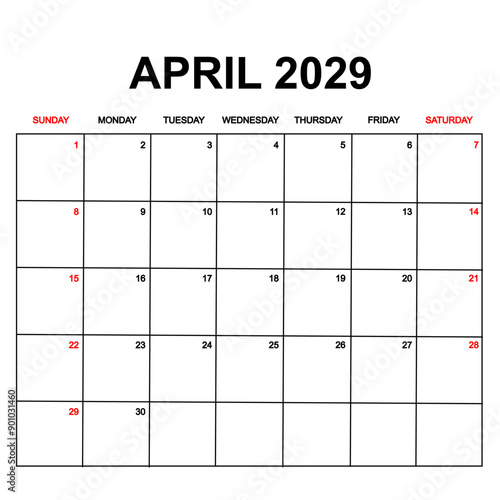 april 2029. Calendar with holydays or red dates. monthly calendar design with week starts on sunday. printable, simple, and clean vector design isolated on white background.