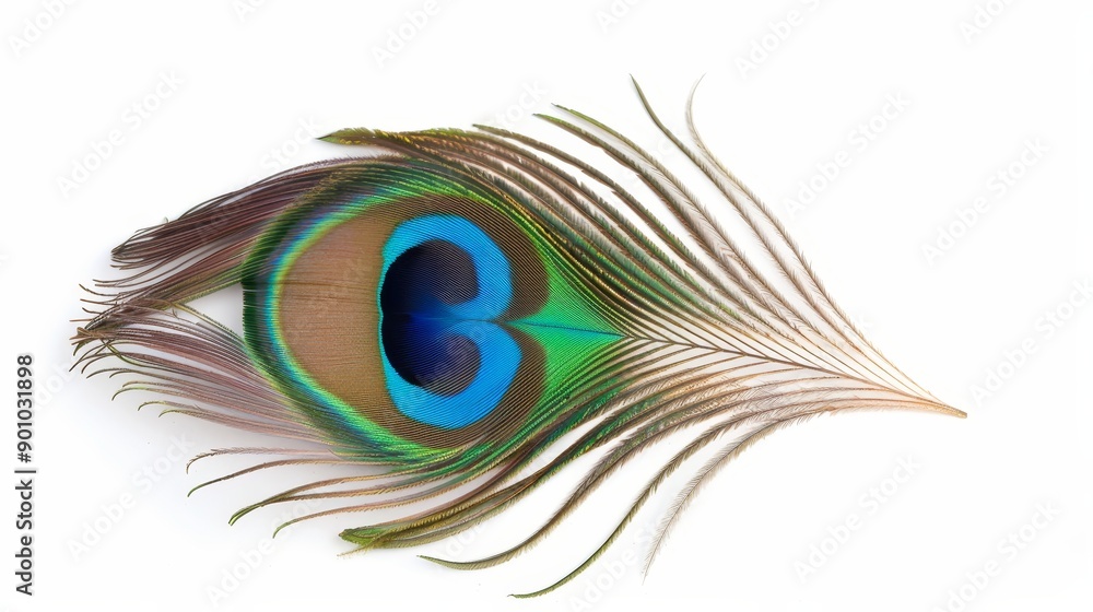 Obraz premium Vibrant peacock feather with eye pattern, isolated, blank background with text space