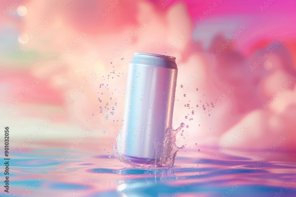 A Silver Can of Drink Splashing into Water with a Pink and Blue Background A Silver Can of Drink Splashing into Water with a Pink and Blue Background
