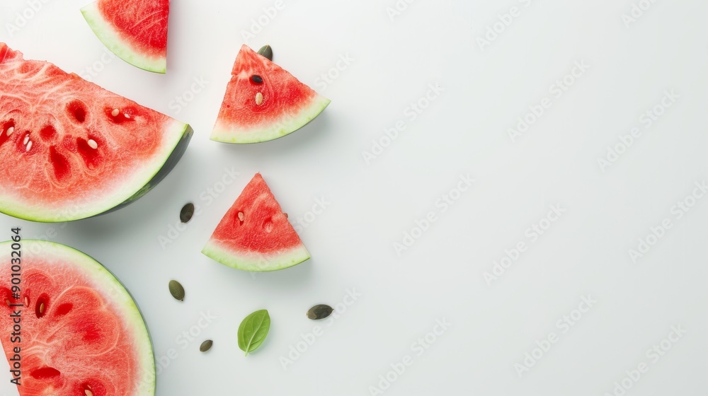 Vibrant watermelon slice with seeds, isolated + white background + copy space for advertisements Vibrant watermelon slice with seeds, isolated + white background + copy space for advertisements