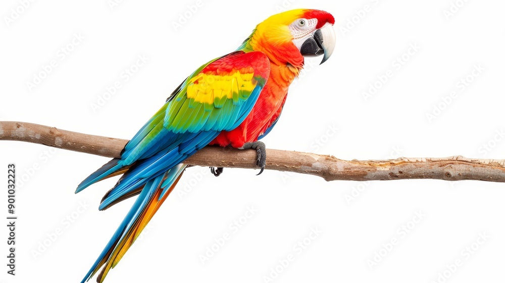 Vividly colored parrot perched on a branch, isolated background, vibrant feathers, clear copy space, bright and eye-catching design Vividly colored parrot perched on a branch, isolated background, vibrant feathers, clear copy space, bright and eye-catching design