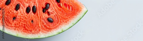 Watermelon slice with black seeds, isolated background, generous copy space for text, vibrant and mouth-watering detail photo