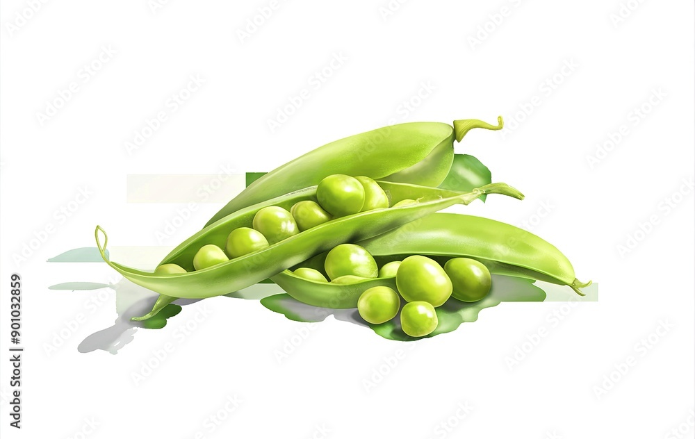 A fresh green pea pod, split open to reveal several bright green peas A fresh green pea pod, split open to reveal several bright green peas