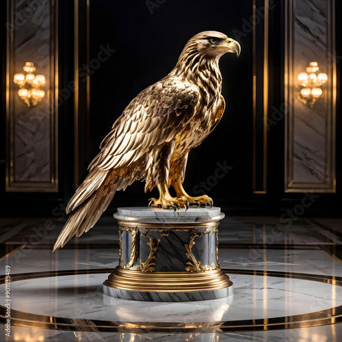 Golden eagle statue, high definition, vivid colors, perched atop a 50cm square silver pedestal with ornate details, set against the contrast of a sleek marble floor, placed within an expansive, seemin photo