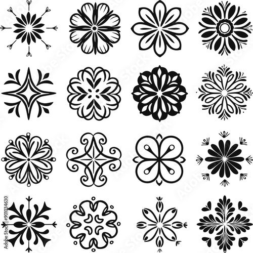 Elegant Floral Ornament, black and white vector set of flower shilouette ornaments.