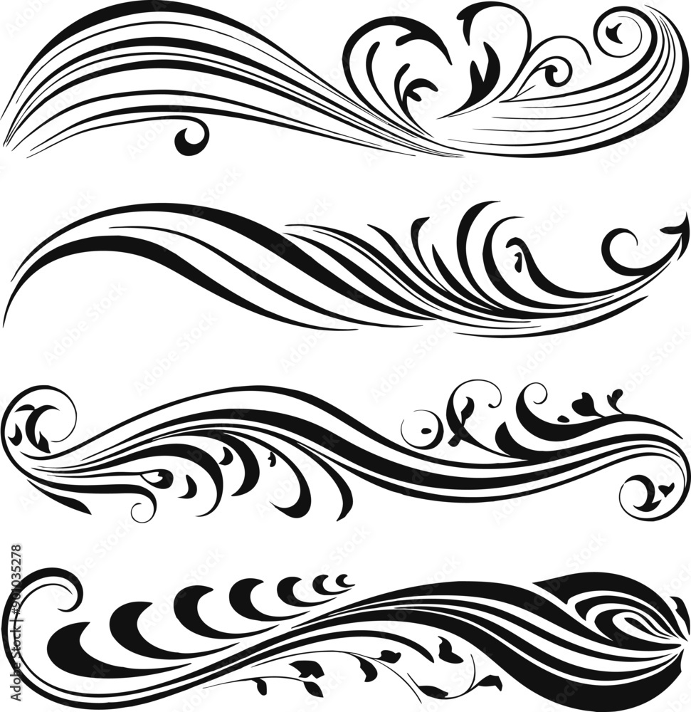 Fototapeta premium Elegant Floral Ornament, black and white vector set of flower shilouette ornaments.