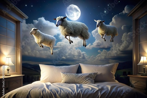sheep fly above bed at night. Insomnia disorder concept