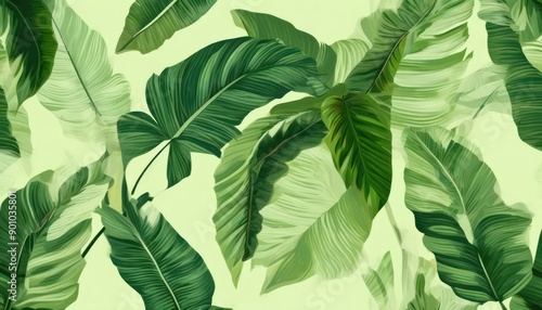 Botanical seamless pattern, banana leaves, vines and other leaves on a green background