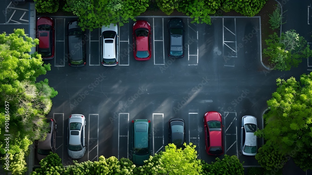Fototapeta premium Aerial Overhead View of Empty Parking Lot with Parked Vehicles