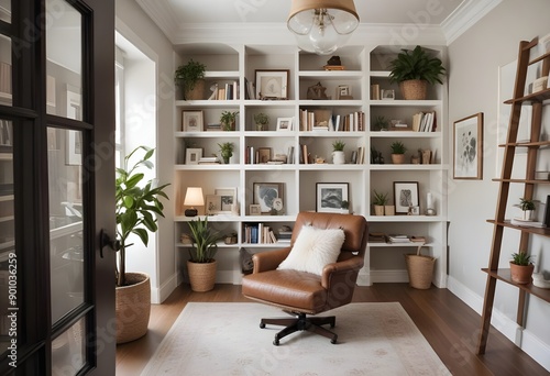 Cozy home office with built-in bookshelves, a comfortable armchair, and various decorative elements like plants and artwork