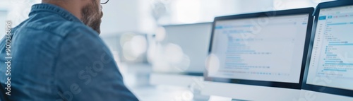 A focused professional working on a computer with dual monitors, analyzing code in a bright office environment.