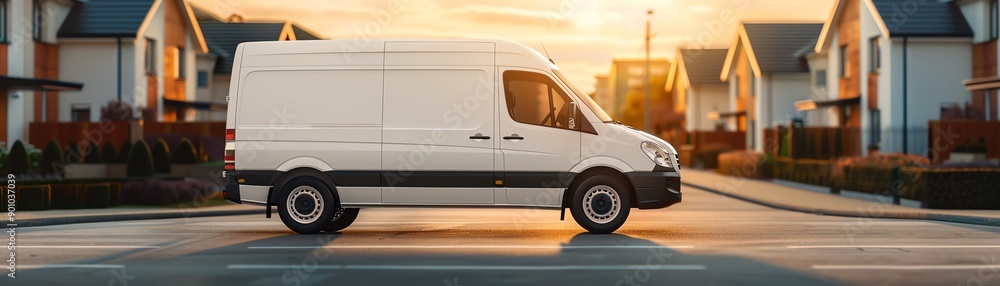 A delivery van with branding parked on a residential street, high resolution, A delivery van with branding parked on a residential street, high resolution,