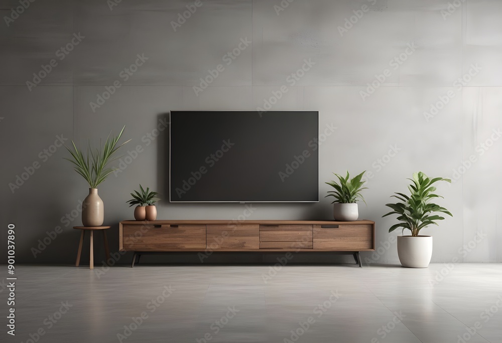 Modern wooden TV stand with a large flat screen TV mounted on the wall, a potted plant, and a decorative vase on the stand against a gray concrete wall background Modern wooden TV stand with a large flat screen TV mounted on the wall, a potted plant, and a decorative vase on the stand against a gray concrete wall background
