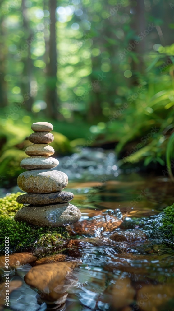 Stacked Stones by a Tranquil Forest Stream