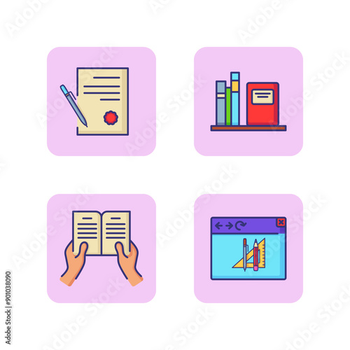 Knowledge line icon set. Books on shelf, online edication, certificate, reading. Education concept. Can be used for topics like studying, bookstore, learning