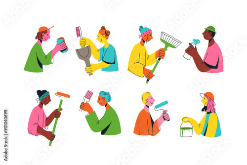 Set of flat multicultural people are doing something together. Unity in diversity. Repeir work and cleaning. Multinational society. Teamwork, cooperation, friendship concept.