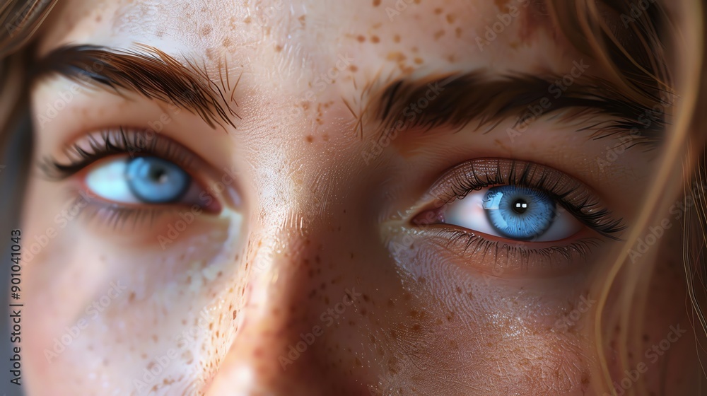 A close-up of a woman's blue eyes with freckles. A close-up of a woman's blue eyes with freckles.