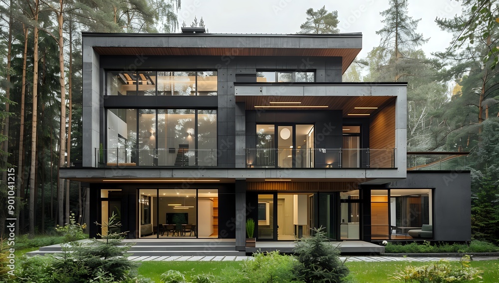 Fototapeta premium Modern Forest Home with Concrete Facade and Expansive Windows
