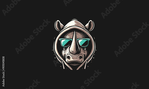 head rhino wearing hoodie and sun glass vector mascot design