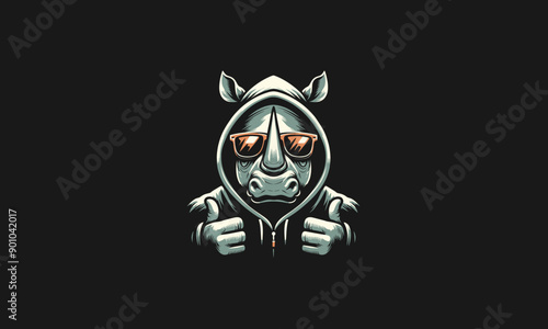 head rhino wearing hoodie and sun glass vector mascot design