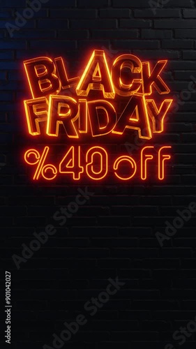 Wallpaper Mural Neon Sign with 40% Off on Black Brick Wall. vertical video. Torontodigital.ca