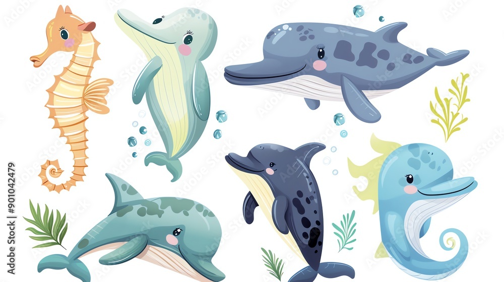 A set of cartoon sea creatures including a seahorse and dolphins. A set of cartoon sea creatures including a seahorse and dolphins.