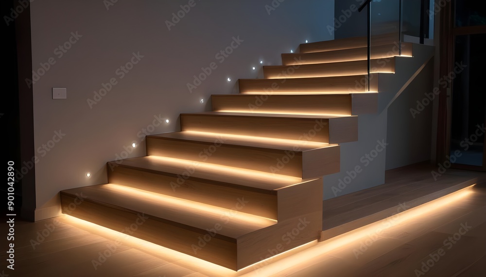 Wooden stairs with LED lighting along the steps, creating a warm and modern ambiance. The stairs appear to be in a residential or commercial setting, with a minimalist and contemporary design Wooden stairs with LED lighting along the steps, creating a warm and modern ambiance. The stairs appear to be in a residential or commercial setting, with a minimalist and contemporary design