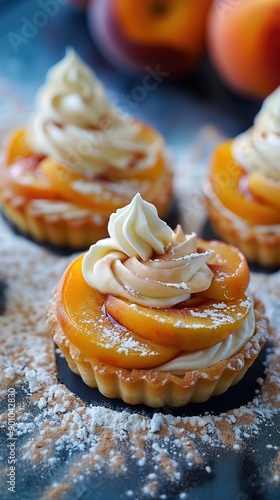 Gourmet patisserie peach tartalette with white whipped cream, modern french patisserie restaurant blurry background photo