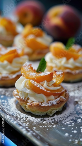 Gourmet patisserie peach tartalette with white whipped cream, modern french patisserie restaurant blurry background photo