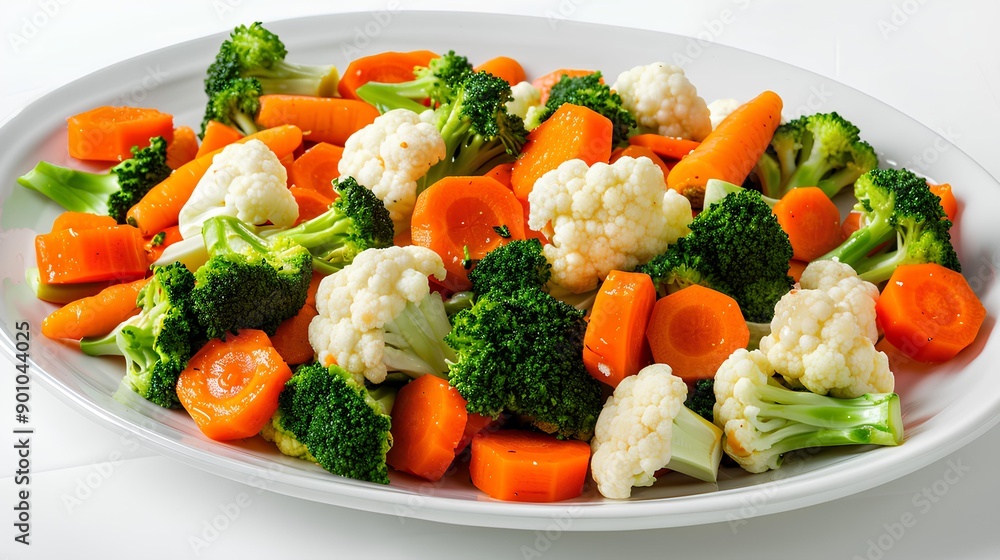 Vibrant steamed vegetables including broccoli, carrots, and cauliflower, arranged on a white plate. Vibrant steamed vegetables including broccoli, carrots, and cauliflower, arranged on a white plate.