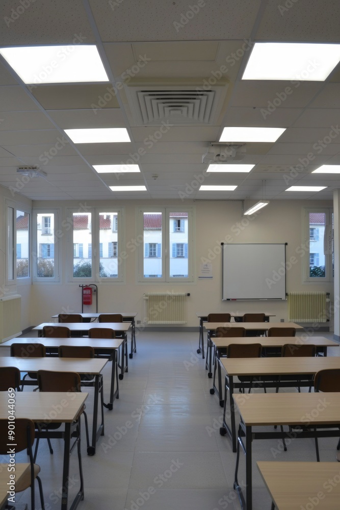 Empty Classroom with Desks, Chairs, and a Whiteboard