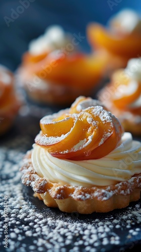 Gourmet patisserie peach tartalette with white whipped cream, modern french patisserie restaurant blurry background photo