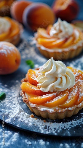 Gourmet patisserie peach tartalette with white whipped cream, modern french patisserie restaurant blurry background photo