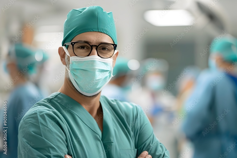 Surgeon in Green Surgical Scrubs and Mask Standing in Hospital Setting Surgeon in Green Surgical Scrubs and Mask Standing in Hospital Setting
