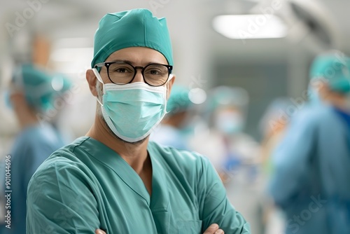 Surgeon in Green Surgical Scrubs and Mask Standing in Hospital Setting